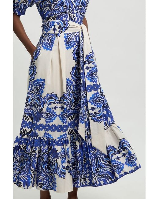 Karen Millen Blue Tile Print Cotton Poplin Midi Dress