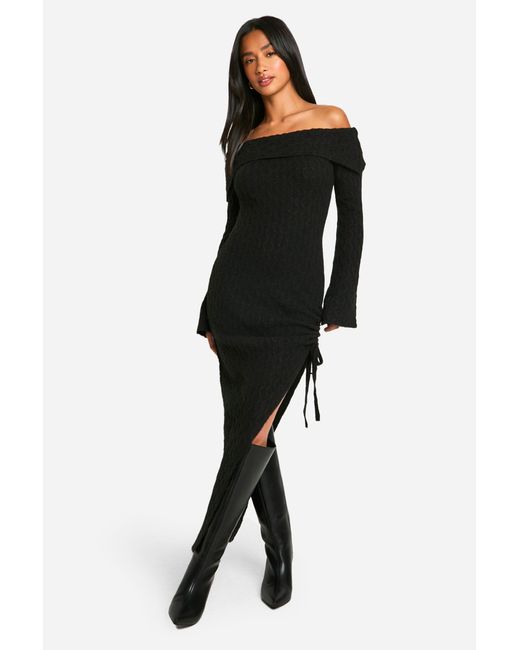 Boohoo Black Petite Soft Cable Asymmetric Hem Bardot Maxi Dress