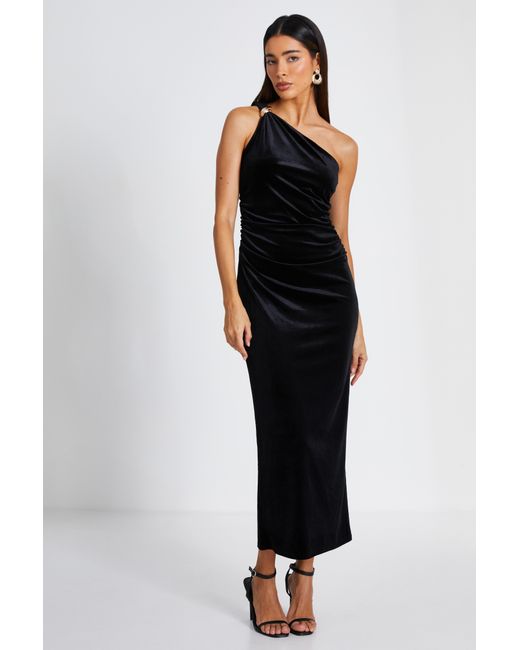 Quiz Black Velvet One Shoulder Midaxi Dress