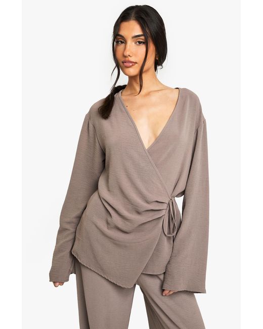 Boohoo Brown Woven Wrap Tie Detail Top