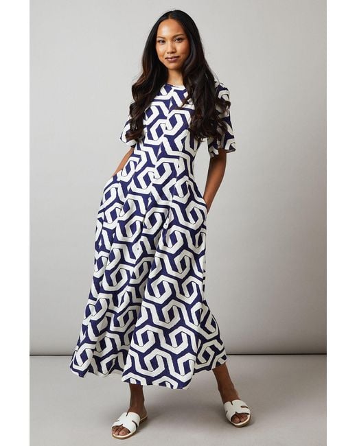 PRINCIPLES Blue Geo Print Seam Detail Midi Dress Viscose