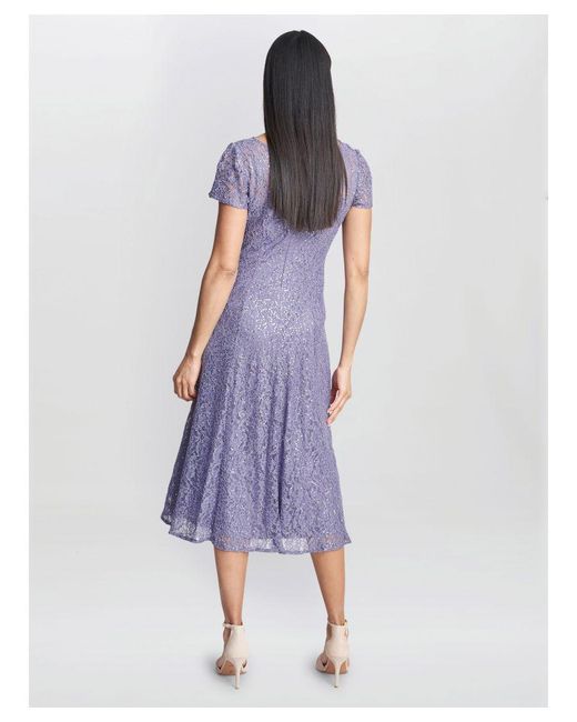 Gina Bacconi Purple Genny Cap Sleeve Midi Sequin Lace Dress