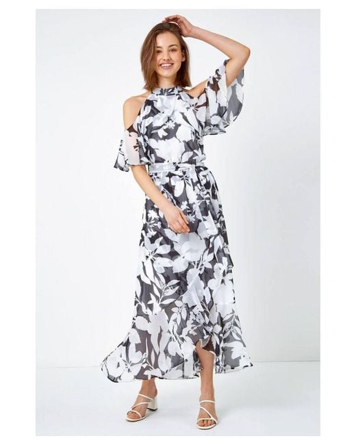 Roman White Floral Cold Shoulder Chiffon Maxi Dress