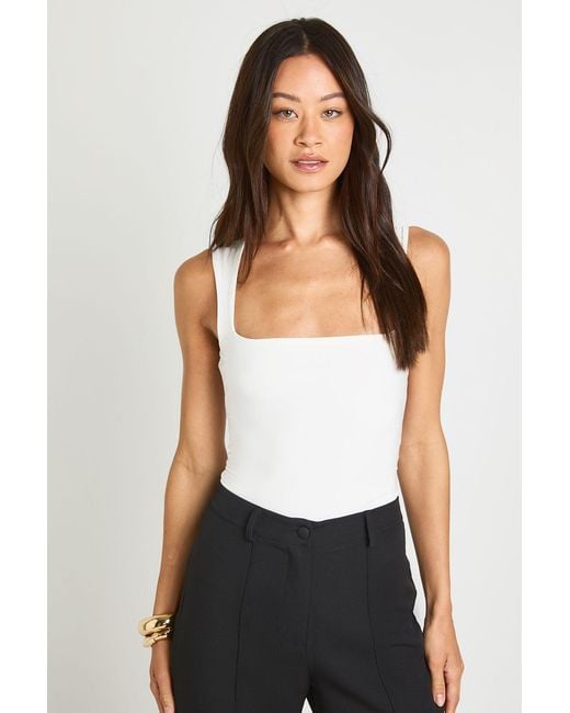 Boohoo White Tall Double Layer Slinky Square Neck Sleeveless Bodysuit