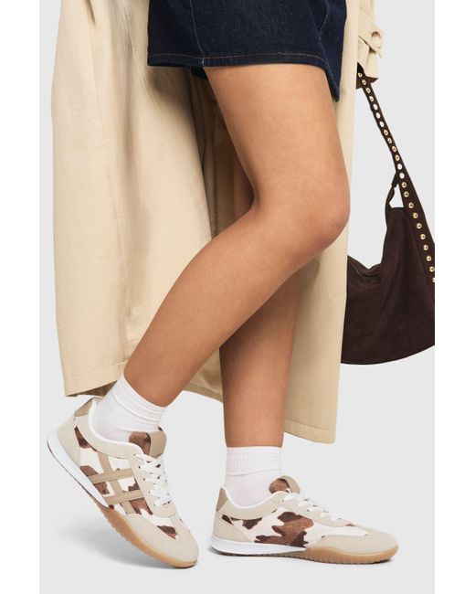 Boohoo White Cow Print Faux Pony Skin Gum Sole Trainers