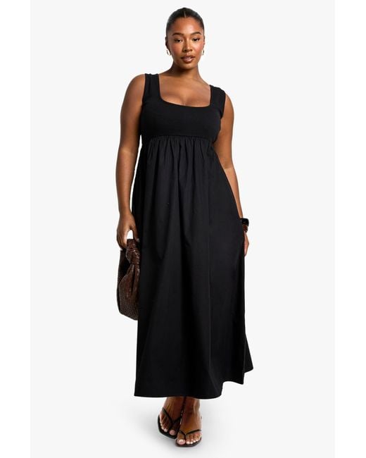 Boohoo Black Plus Rib Cotton Poplin Midaxi Smock Dress