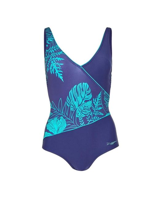 Zoggs Blue Ladies Printed Wrap Front One Piece Swimsuit