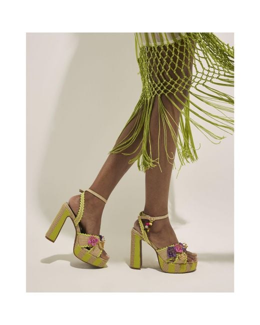River Island Green Sandals Stripe Raffia Flower Platform Pu
