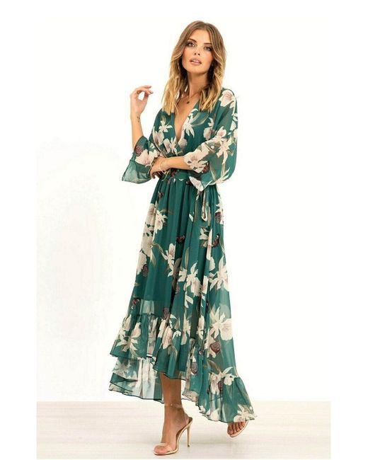 Yumi' Green Floral Print Kimono Midi Wrap Dress