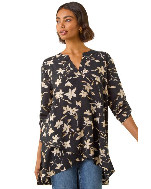 Roman Black Floral Wrap Hem Tunic Top
