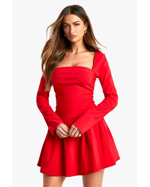 Boohoo Red Long Sleeve Skater Mini Dress