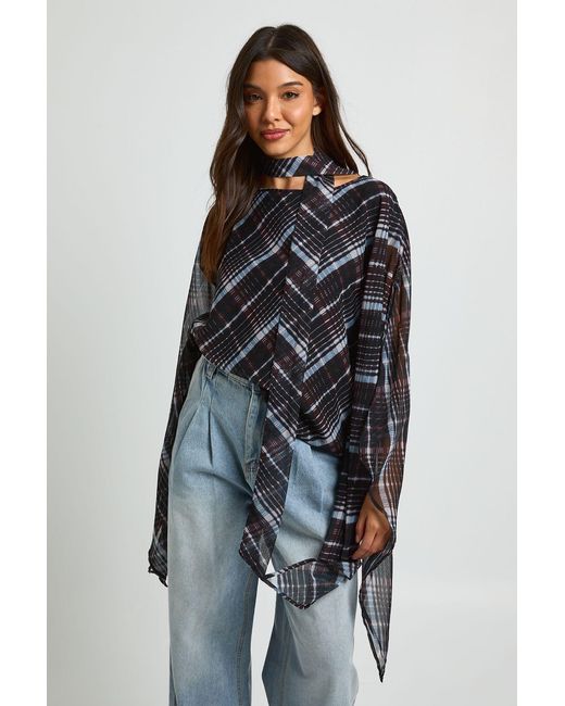 Boohoo Black Chiffon Check Scarf Cape Blouse