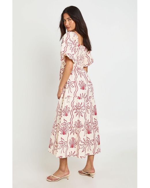 Boohoo Pink Shell Print Linen Look Volume Sleeve Tiered Midaxi Dress