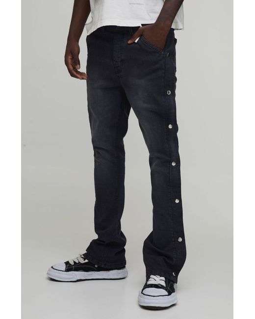 BoohooMAN Black Popper Side Stretch Slim Flared Jeans for men
