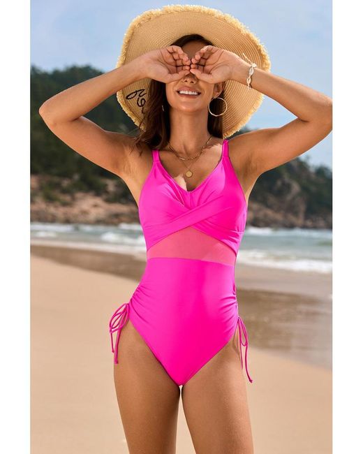 Everyday the Label Dames Swimsuit Met V-hals En Rimpeldetail Met Koord in het Pink