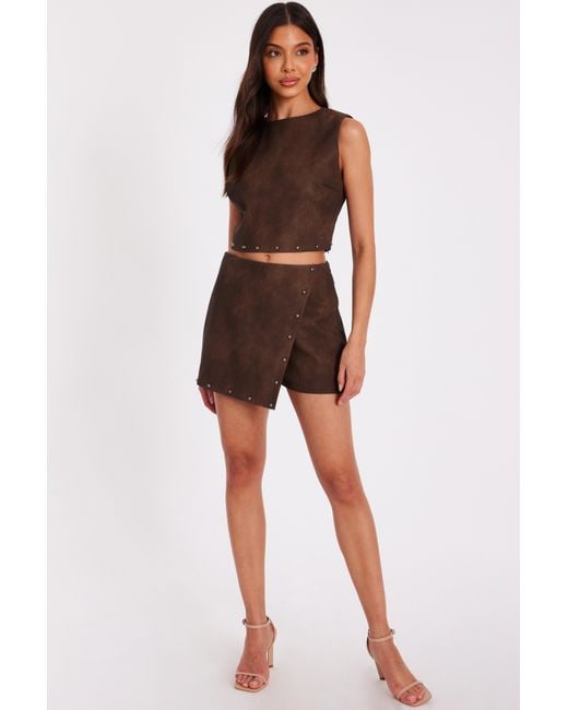 Quiz Brown Studded Faux Leather Skort Cotton