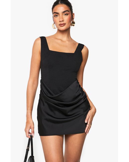 Boohoo Black Satin Drape Jacquard Detail Square Neck Mini Dress