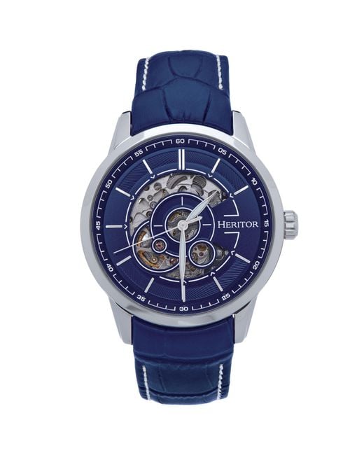 Heritor Blue Davies Semi-Skeleton Leather-Band Watch for men
