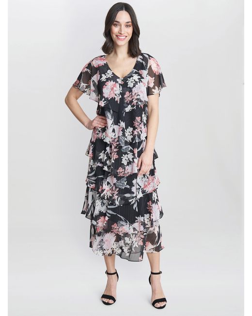 Gina Bacconi White Janice V Neck Printed Midi Length Tiered Dress