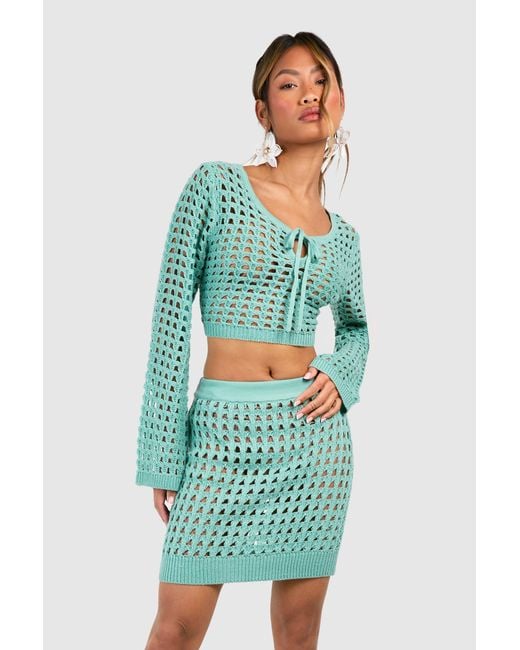 Boohoo Green Crochet Lace Up Crop Top