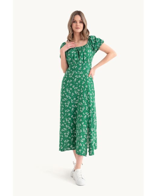 Hiccup Green Floral Off Shoulder Puff Sleeves Midi Dress With A Side Slit
