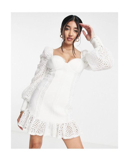 ASOS White Lace Sleeve Bust Cup Mini Dress With Pep Hem