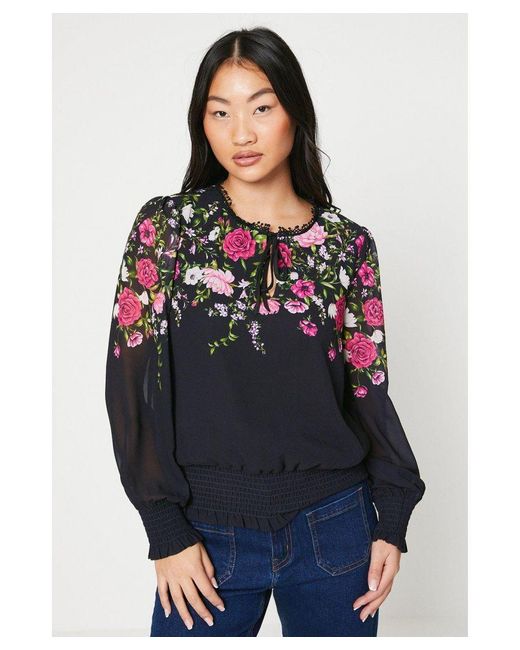 Oasis Blue Petite Floral Tie Neck Shirred Top