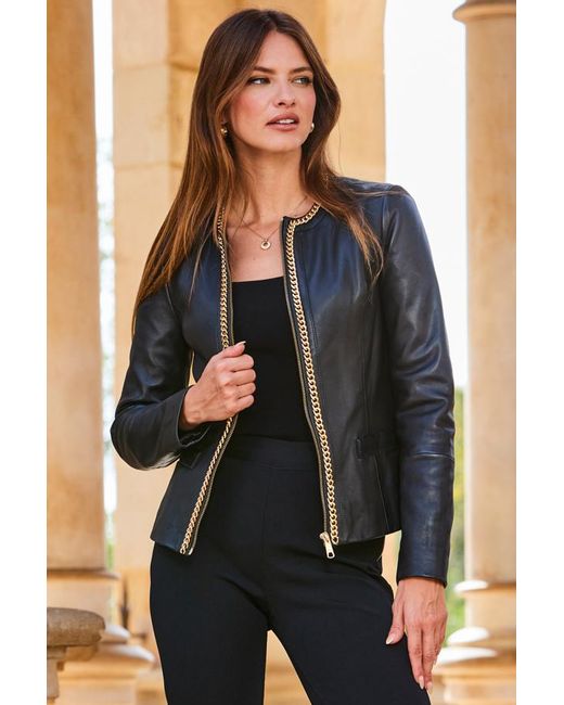 Sosandar Blue Round Neck Leather Jacket With Chain Detail