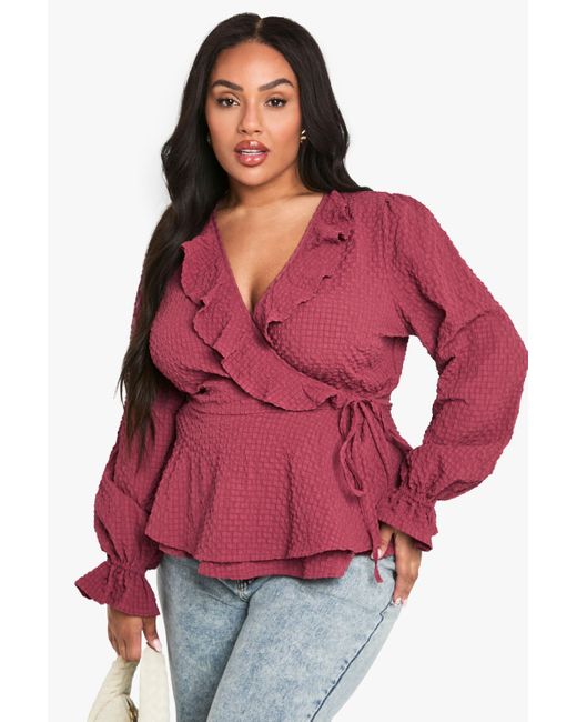 Boohoo Plus Textured Tie Detail Wrap Ruffle Blouse