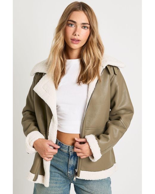 Boohoo Natural Teddy Trim Bonded Faux Leather Aviator Jacket