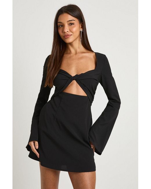 Boohoo Black Satin Mix Flare Sleeve Skater Dress