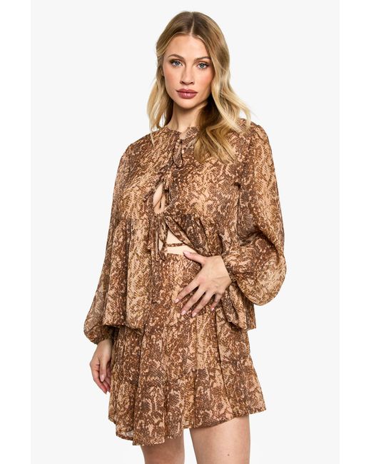 Boohoo Brown Maternity Elasticated Waist Chiffon Snake Print Tiered Mini Skirt