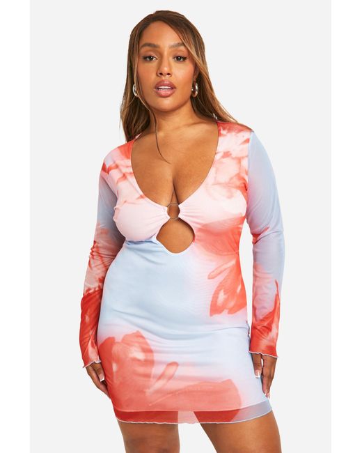Boohoo White Plus Mesh Floral Print Cut Out Detail Long Sleeve Mini Dress