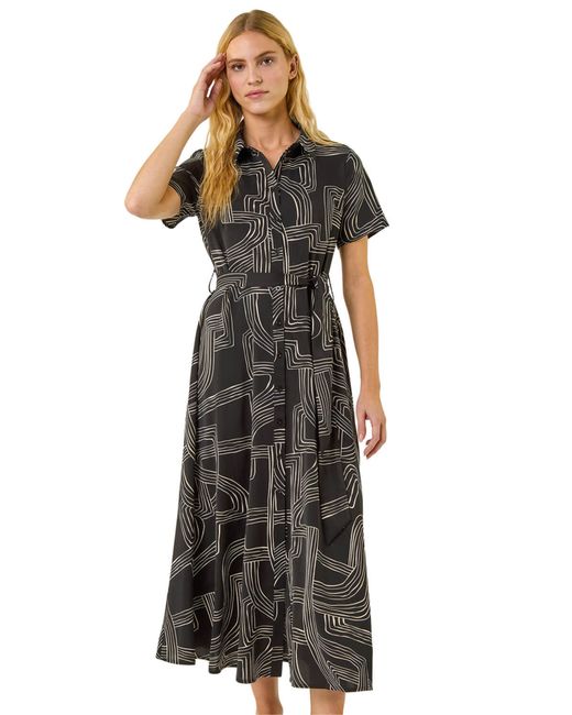Roman Black Geo Linear Print Shirt Midi Dress