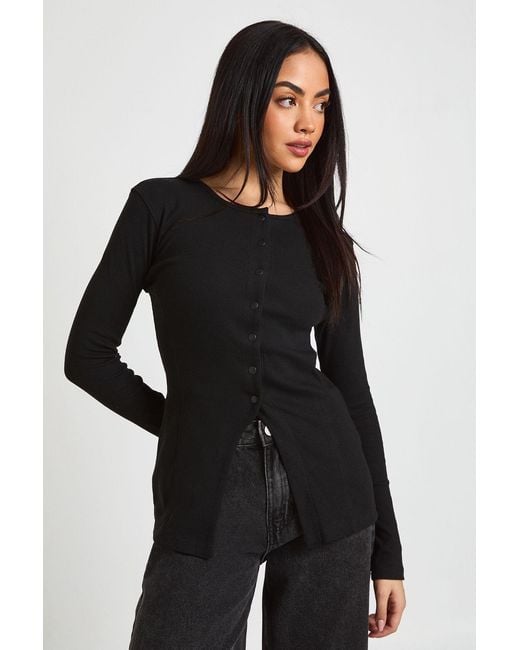Boohoo Black Ribbed Longline Popper Front Top