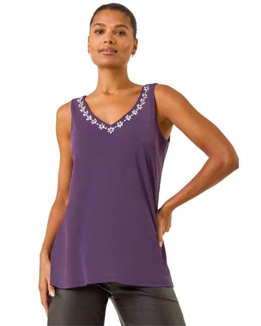 Roman Purple Embellished V-Neck Stretch Vest Top