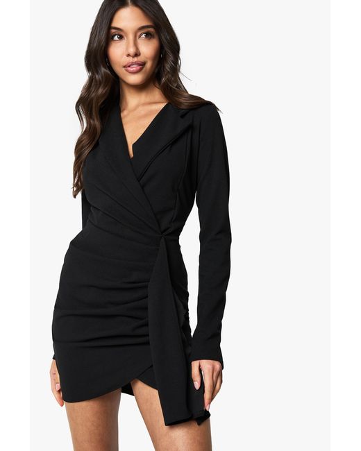 Boohoo Black Ruched Drape Long Sleeve Blazer Dress