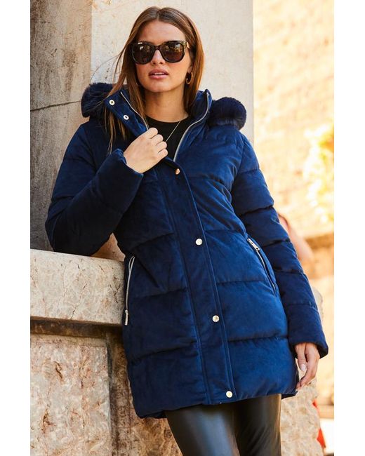 Sosandar Blue Luxe Velvet Padded Coat Fur