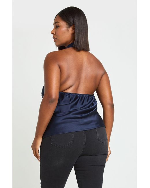 Boohoo Blue Plus Trim Halter Satin Top