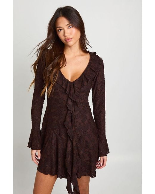 Boohoo Brown Burnout Floral Ruffle Front Mini Dress