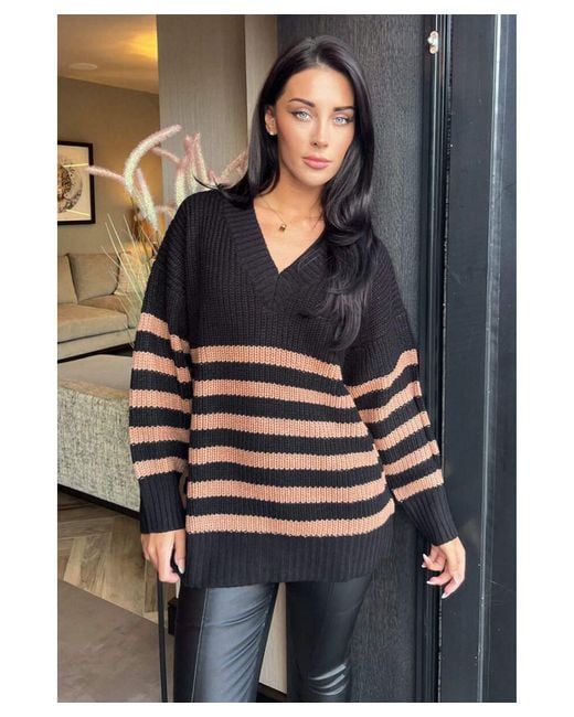 AX Paris Black And Camel Stripe V-Neck Knit Jumper