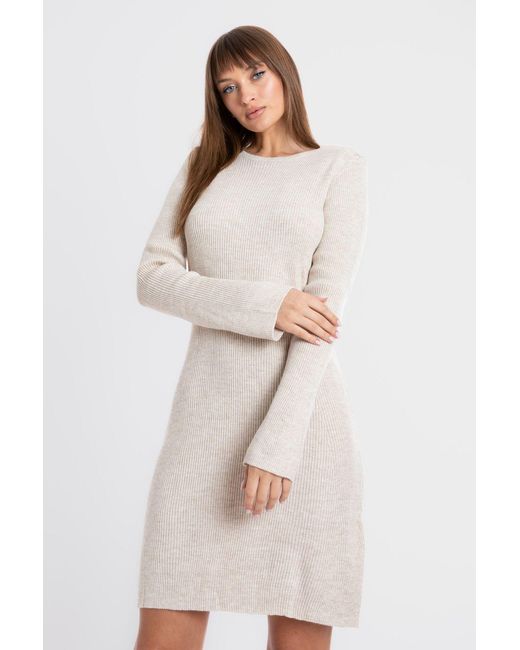 Hiccup Natural Knitted Round Neck Long Sleeve Mini Dress With A Back Cut Out