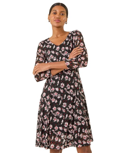Roman Red Floral Print Lace Stretch Dress