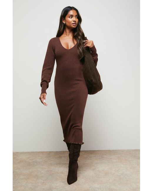 Oasis Brown Scallop Neck Knitted Midi Dress