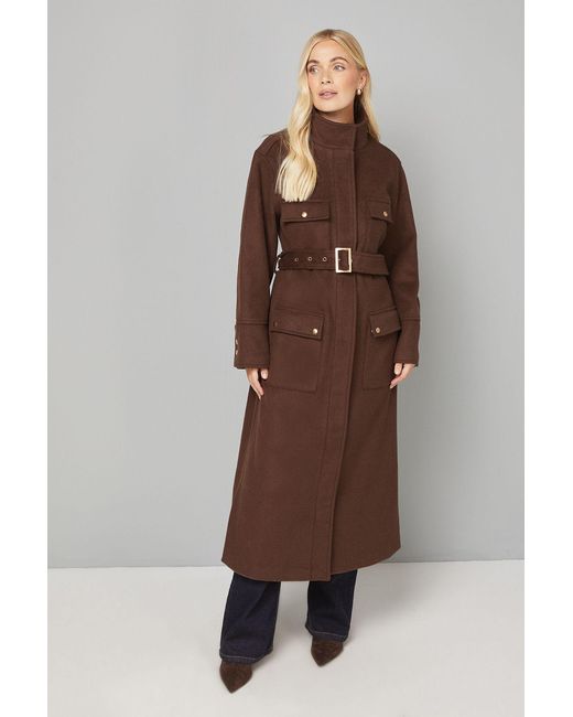 Wallis Brown Button Down Military Belted Collar Coat