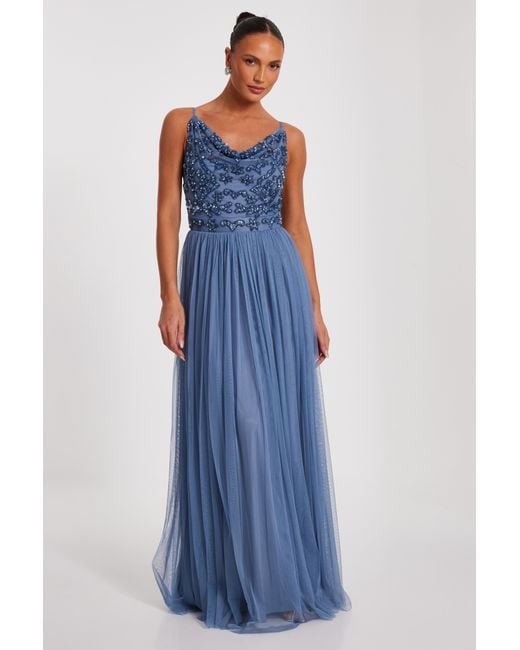 Quiz Blue Mesh Beaded Maxi Dress