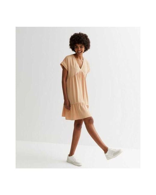 Gini London Natural V-Neck Tiered Mini Smock Dress