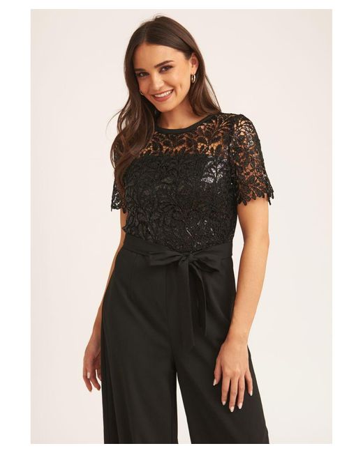 Gini London Black Floral Lace Sequin Belted Occasion