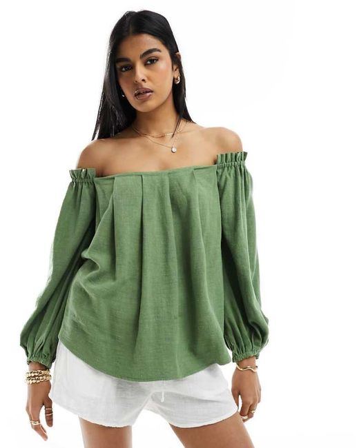 ASOS Green Linen Look Off Shoulder Pleated Top