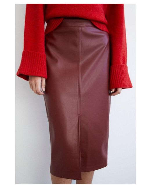 Warehouse Red Split Front Faux Leather Pencil Skirt